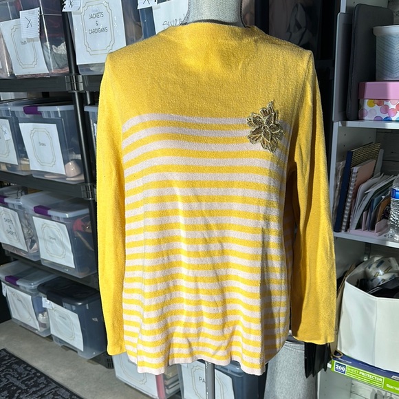 Ann Taylor Factory Yellow Striped Sweater with Floral Accent - Size XL - Picture 1 of 6
